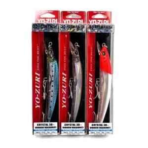 Three fishing lures in packaging.